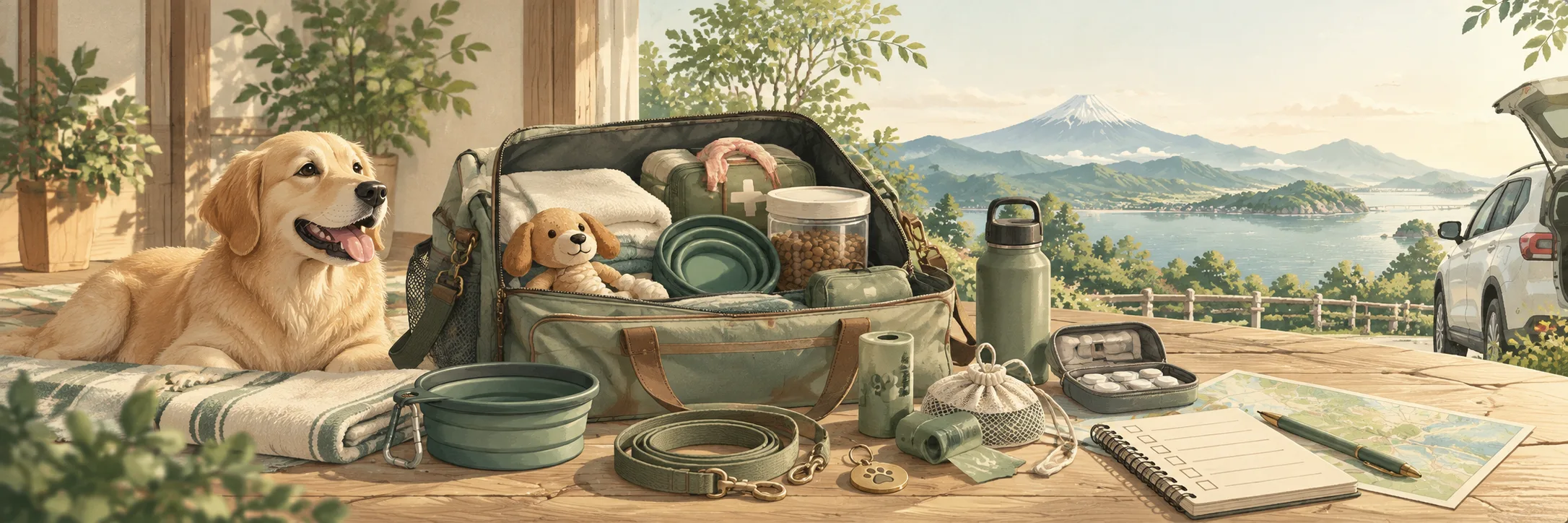 旅行の持ち物を準備する犬とバッグ、旅行前の持ち物チェックをイメージしたヘッダー画像